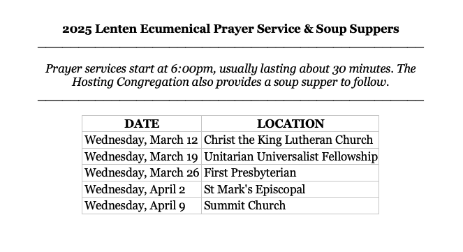 2025 Lenten Ecumenical Prayer Service & Soup Suppers